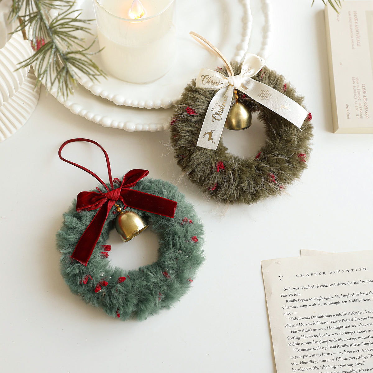 The Fluffy One Green and Pink Plush Wreath Ornaments
