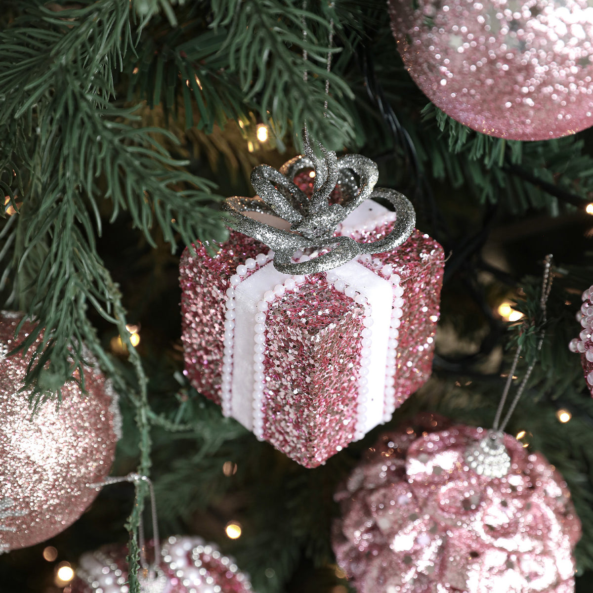 The Fluffy One Pink and Silver Glass Bauble Collection