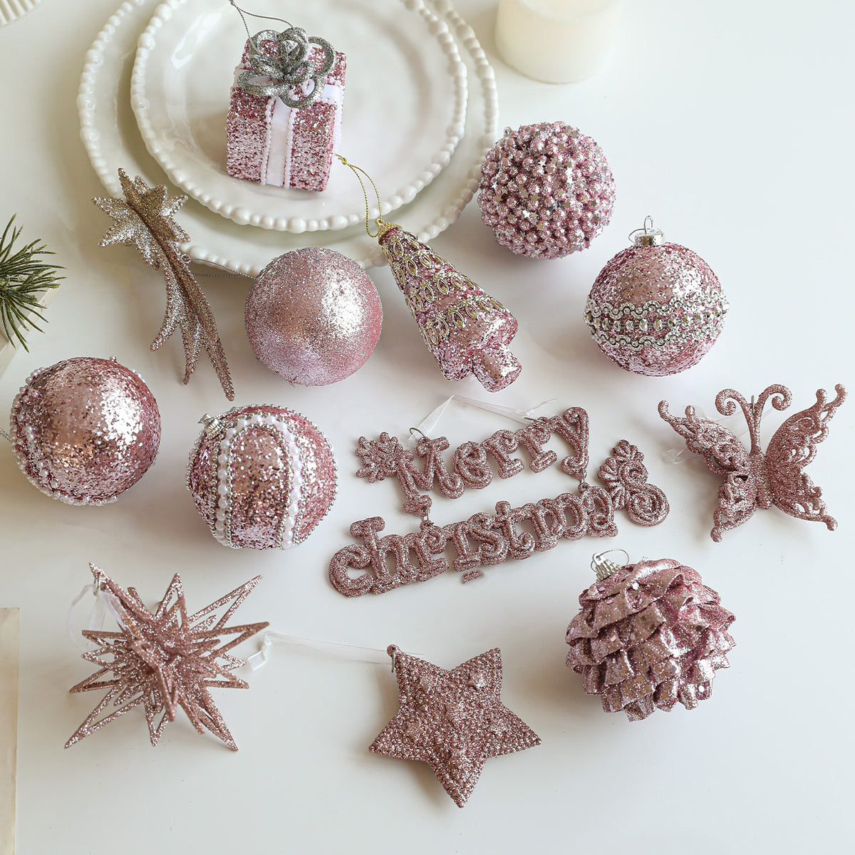 The Fluffy One Pink and Silver Glass Bauble Collection