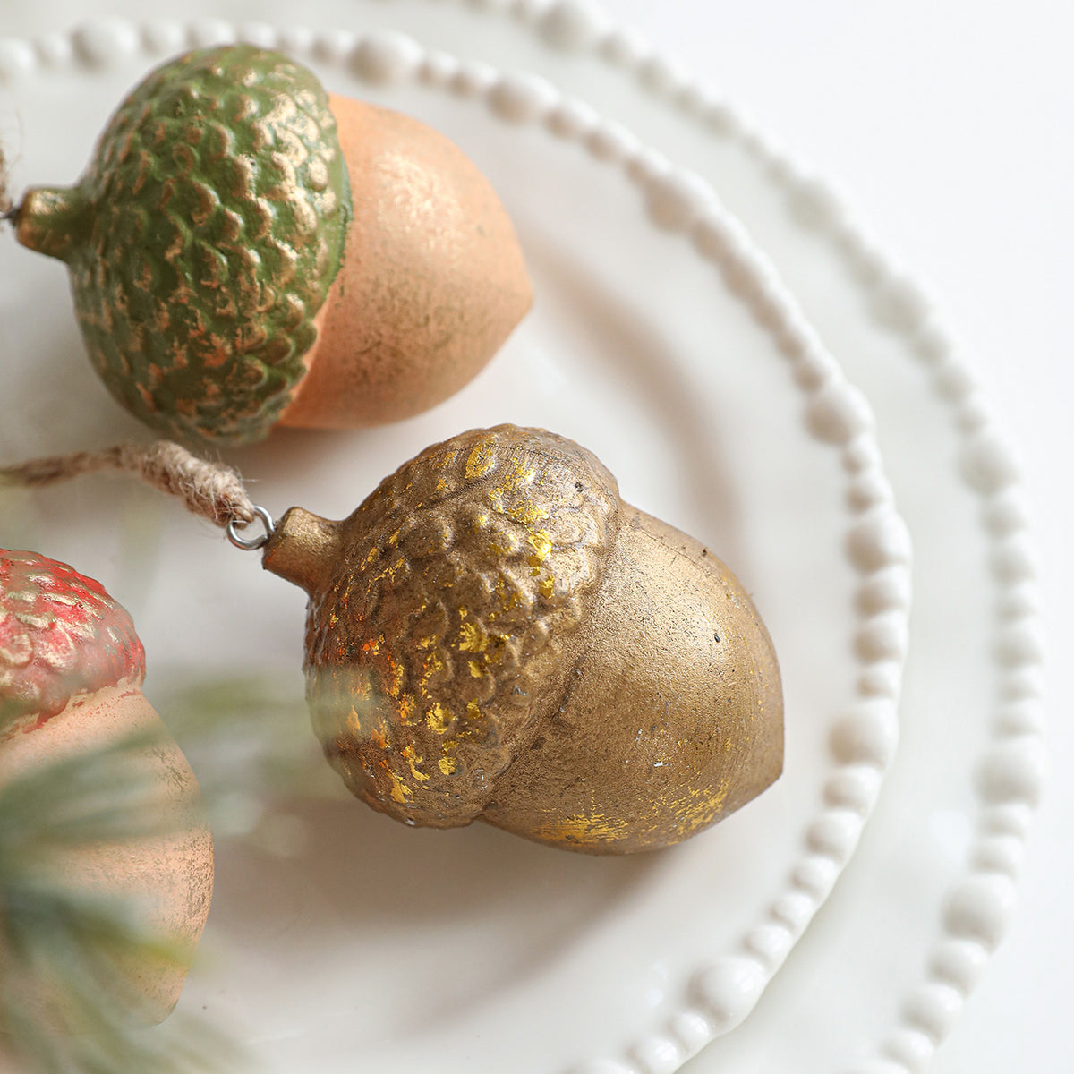 The Fluffy One Gold Acorn and Nut Shaped Ornaments